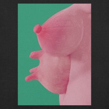 1girl artist_request black_border border breast_focus breasts from_side green_background highres large_breasts nipples solo udder