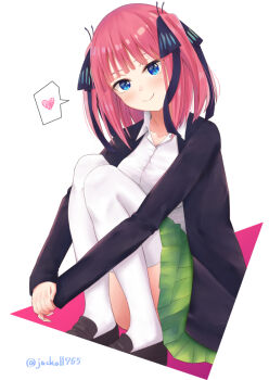 1girl asahiyama_high_school_uniform black_jacket black_ribbon black_shoes blue_eyes blunt_bangs blush breasts butterfly_hair_ornament c: closed_mouth collared_shirt commentary convenient_leg dress_shirt eyebrows_hidden_by_hair eyelashes full_body go-toubun_no_hanayome green_skirt hair_ornament hair_ribbon heart highres hugging_own_legs j@ckall jacket large_breasts loafers medium_hair miniskirt nakano_nino open_clothes open_jacket own_hands_together pink_hair pleated_skirt ribbon school_uniform shirt shoes simple_background skirt sleeves_past_wrists smile solo speech_bubble spoken_heart squatting straight_hair thighhighs tsurime twitter_username two_side_up v_arms white_background white_shirt white_thighhighs