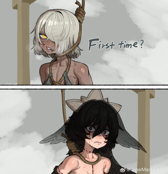 Rule 34 | 2girls, absurdres, black hair, dark-skinned female, dark skin, ebonyxh, english text, executioner maid (centurii-chan), eyes visible through hair, grey hair, highres, james franco first time? (meme), meme, multiple girls, noose, original, rope, saliva, eylin eyla (ebonyxh), sweat, the ballad of buster scruggs, watermark, weibo username, weibo watermark, yellow eyes