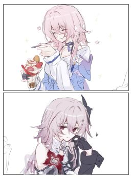 2girls ame_amean blush choker evernight_(honkai:_star_rail) flower food gloves hair_between_eyes hair_flower hair_ornament hairclip highres honkai:_star_rail honkai_(series) long_sleeves march_7th_(honkai:_star_rail) march_7th_(preservation)_(honkai:_star_rail) medium_hair multiple_girls off_shoulder parfait pink_hair red_eyes red_flower shirt single_bare_shoulder sparkle spoon white_background white_shirt