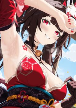 Rule 34 | absurdres, arm up, armpit focus, armpits, bell, black choker, black gloves, black hair, black sash, blue sky, breasts, choker, commentary, detached sleeves, english commentary, flower tattoo, fox mask, from below, gloves, highres, honkai: star rail, honkai (series), japanese clothes, jingle bell, kimono, lewd chan, long hair, mask, mask on head, medium breasts, neck bell, obi, obiage, obijime, red eyes, red kimono, sash, single glove, sky, smile, solo, sparkle (honkai: star rail), sweat, tattoo, teeth, twintails, upper body