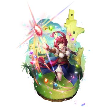 1girl ankle_boots arm_up armor armored_boots artist_request bangle bare_shoulders blue_gemstone blue_sarong blue_sky boots bracelet braid braided_ponytail breasts brown_boots clothing_cutout cloud cloudy_sky collared_shirt day dress falling_shards from_above full_body game_cg gem glowing_gem gradient_sarong green_gemstone hair_tubes hand_up high_collar jewelry leather_armor leg_up long_hair long_sleeves looking_at_viewer looking_up medium_breasts metal_hair_tubes official_alternate_eye_color official_alternate_hair_color official_art on_grass open_mouth orange_gemstone outdoors pink_gemstone pleated_dress purple_gemstone red_eyes red_gemstone red_hair red_sash ruins sarong sash shirt short_dress shoulder_cutout side_ponytail simple_background single_hair_tube sky smile solo sparkle standing tate_no_yuusha_no_nariagari tate_no_yuusha_no_nariagari_rerise therese_alexanderite transparent_background vambraces white_dress wristband yellow_gemstone