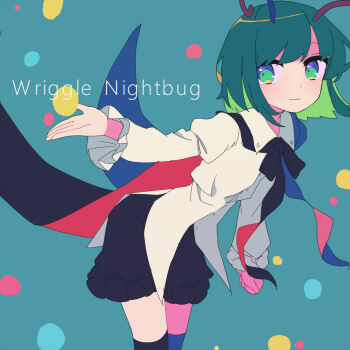 1girl antennae black_cape black_shoes black_thighhighs busujima_(kusahana) cape character_name commentary feet_out_of_frame frilled_sleeves frills green_eyes green_hair leaning_forward light_smile long_sleeves shirt shoes short_hair sideways_glance solo thighhighs touhou two-sided_cape two-sided_fabric white_shirt wriggle_nightbug