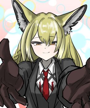 Rule 34 | 1girl, animal ears, arknights, black jacket, blonde hair, brown eyes, brown gloves, closed mouth, collared shirt, commentary, dr.egao, gloves, hair between eyes, highres, jacket, long hair, long sleeves, necktie, reaching, reaching towards viewer, red necktie, shirt, sketch, smile, solo, upper body, vulpisfoglia (arknights), white shirt