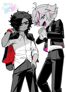 2boys absurdres belt bracelet chibi chibi_inset collared_shirt commentary_request dark-skinned_male dark_skin evil_smile gakuran hair_over_one_eye hand_in_pocket hand_up highres idol_land_pripara interlocked_fingers jacket jacket_on_shoulders jewelry katasumi_amari korean_commentary lau_(laustar30) long_sleeves looking_at_viewer male_focus mario_(pripara) multicolored_hair multiple_boys ooedo_shinya open_clothes open_jacket open_mouth own_hands_together pants partially_colored pink_eyes pretty_series pripara red_eyes school_uniform shirt short_hair simple_background smile standing streaked_hair ushimitsu_(pripara) white_background