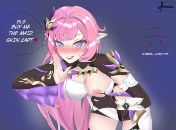 1boy 1girl absurdres artist_name black_gloves black_shorts black_shrug blue_eyes blush breasts captain_(honkai_impact) cleavage commentary corset elf elysia_(honkai_impact) elysia_(miss_pink_elf)_(honkai_impact) english_commentary english_text flashing gloves hair_ornament highres hiraku_chi honkai_(series) honkai_impact_3rd large_breasts medium_breasts nipples one_breast_out open_mouth pink_hair pointy_ears purple_background short_shorts shorts shrug_(clothing) simple_background single_glove speech_bubble thighs white_corset