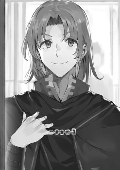 1boy arm_guards character_request closed_mouth curtained_hair earrings greyscale hand_on_own_chest hand_up highres indoors jewelry kanzen_muken_no_shinjin_majutsusei looking_at_viewer medium_hair monochrome nauribon non-web_source novel_illustration official_art parted_bangs silhouette smile solo standing upper_body v-shaped_eyebrows window
