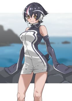 Rule 34 | 1girl, :3, bare legs, bare shoulders, black hair, blurry, blurry background, breasts, commentary, elbow gloves, galapagos penguin (kemono friends), gloves, hair between eyes, headphones, highres, jacket, kemono friends, medium breasts, penguin girl, penguin tail, rock, short hair, sleeveless, sleeveless jacket, smile, solo, tail, tanabe (fueisei), turtleneck, turtleneck jacket, yellow eyes, zipper pull tab