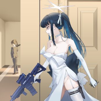2girls absurdres assault_rifle bare_shoulders blue_archive blue_eyes blue_hair breasts choker cleavage collarbone combat_knife commentary_request cowboy_shot dress elbow_gloves explosive garter_straps gloves grenade grenade_pin grenade_pin_in_mouth grey_choker groin gun hachiman_(rogeri39) halo highres holding holding_grenade holding_gun holding_weapon knife knife_sheath large_breasts long_hair mouth_hold multiple_girls official_alternate_costume official_alternate_hairstyle ponytail profile rifle saori_(blue_archive) saori_(dress)_(blue_archive) shaded_face sheath sidelocks sig_516 solo_focus standing strapless strapless_dress teeth_hold thighhighs weapon white_dress white_gloves white_halo white_thighhighs