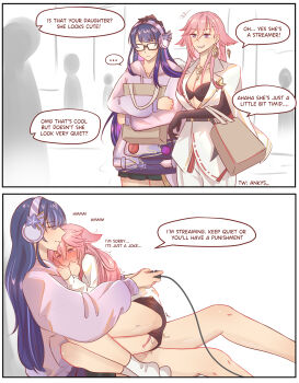 absurdres animal_ears ankie_(ankys_) bag blouse blush breasts cleavage comic controller english_text game_controller genshin_impact glasses hair_between_eyes hair_ornament headphones highres jewelry large_breasts long_hair multiple_girls pink_hair purple_eyes purple_hair raiden_shogun sex_toy shirt shopping_bag sitting sitting_on_person very_long_hair vibrator vibrator_under_clothes yae_miko yuri