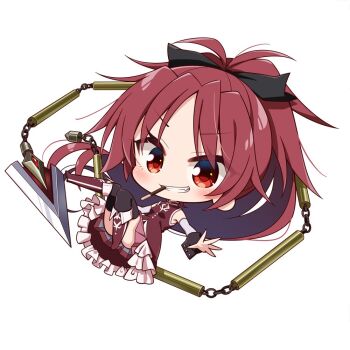 1girl bare_shoulders black_boots black_bow blush boots bow chibi chibi_only chika_(06chimika13) commentary commission detached_sleeves dress food food_in_mouth frilled_dress frills full_body grin hair_bow knee_boots long_hair long_sleeves looking_at_viewer mahou_shoujo_madoka_magica mahou_shoujo_madoka_magica_(anime) parted_bangs pocky red_boots red_dress red_eyes red_hair sakura_kyoko sakura_kyoko_(magical_girl) simple_background skeb_commission sleeveless sleeveless_dress smile solo symbol-only_commentary weapon white_background white_sleeves