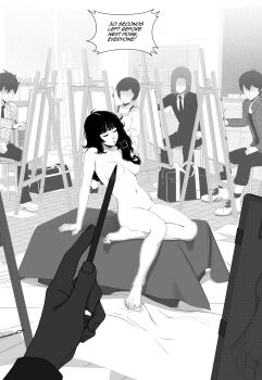 2girls 4boys bag barefoot breasts canvas_(object) closed_eyes clothed_male_nude_female commentary completely_nude convenient_censoring english_commentary english_text faceless faceless_female faceless_male greyscale hair_censor hair_over_breasts hair_over_one_breast highres kusujinn long_hair modeling monochrome multiple_boys multiple_girls naked_school_attendance navel nude nude_modeling original paid_reward_available parted_lips school_bag school_uniform sentenced_to_nudity short_hair sitting socks solo_focus