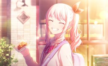 Rule 34 | 1other, akiyama mizuki, bag, blurry, blurry background, bokeh, bow, bowtie, cafeteria, cardigan, closed mouth, colorful palette, cropped torso, depth of field, diagonal-striped bow, diagonal-striped bowtie, diagonal-striped clothes, dot nose, drill hair, drill ponytail, drill sidelocks, facing viewer, food, food request, game cg, grin, hair ribbon, hand up, high side ponytail, highres, holding, holding food, kamiyama high school uniform (project sekai), let's study hard! (project sekai), light blush, official art, other focus, outdoors, pink hair, project sekai, red ribbon, ribbon, school bag, school uniform, sidelocks, smile, striped bow, striped bowtie, striped clothes, teeth, third-party source, tree, upper body, v-shaped eyebrows, yellow cardigan