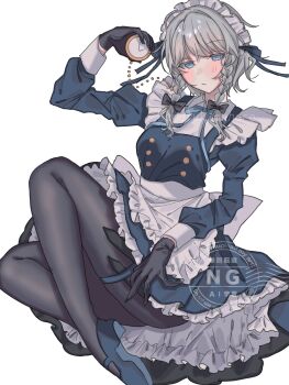 1girl amatukimahoro apron black_bow blue_bow blue_bowtie blue_dress blue_eyes blue_shoes blush bow bowtie braid closed_mouth commentary dress grey_hair hair_bow highres holding holding_pocket_watch izayoi_sakuya juliet_sleeves long_hair long_sleeves looking_at_viewer maid maid_headdress mary_janes pocket_watch puffy_sleeves shoes simple_background solo touhou twin_braids waist_apron watch watermark white_apron white_background