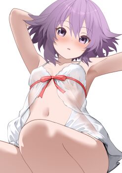1girl absurdres arm_up armpits bow breasts commentary english_commentary highres lingerie navel negligee neptune_(neptunia) neptune_(series) purple_eyes purple_hair red_bow see-through_clothes short_hair sidelocks small_breasts thighs transparent_background underwear xueli_shimazaki