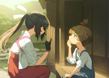 2girls black_gloves black_hair blue_dress brown_hair child commentary_request dress eye_contact from_side gloves green_eyes hair_bobbles hair_ornament high-waist_skirt japanese_clothes long_skirt looking_at_another mamiko_(yasuda_genshou) miko multiple_girls original pinafore_dress pinky_out ponytail porch profile shirt sitting skirt sleeveless sleeveless_dress topknot white_shirt yasuda_genshou yoshino_(yasuda_genshou)