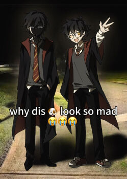 2boys animal arm_up black_hair black_pants black_robe closed_eyes collar crying dog emoji english_text full_body glasses gryffindor hair_between_eyes hand_in_pocket harry_potter_(series) hogwarts_school_uniform james_potter long_sleeves looking_at_viewer male_focus meme multiple_boys necktie night one_eye_closed open_mouth pants pixiv_id_24910598 robe school_uniform shirt shoes sirius_black standing striped_necktie tongue tongue_out untucked_shirt v white_shirt why_dis_ninja_look_so_mad_(meme) wing_collar wink wizarding_world