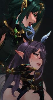 2girls absurdres antlers artist_logo black_background black_gloves breasts claws commentary english_commentary genshin_impact gloves grabbing_another&#039;s_breast green_eyes green_hair groping hair_ornament hair_over_one_eye headpiece highres horns large_breasts lart_art1 lauma_(genshin_impact) licking logo long_hair mark_under_eye multiple_girls nefer_(genshin_impact) open_mouth pointy_ears purple_hair short_hair symbol-shaped_pupils tongue tongue_out triangle-shaped_pupils yuri