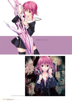 1girl black_coat black_dress black_jacket black_skirt black_thighhighs bloody_handprints bow breasts breasts_apart buttons chaos;child cleavage coat collarbone constricted_pupils cover cropped_jacket d-sword double-breasted dress dynamic_pose evil_smile hair_between_eyes handprint hekiho_academy hekiho_academy_school_uniform highres holding holding_sword holding_weapon hugging_object jacket lips long_sleeves looking_at_viewer miniskirt naked_coat no_dickey official_art onoe_serika open_mouth parted_lips partially_unzipped pink_eyes pink_hair pink_lips purple_background purple_eyes ribbon sailor_collar sasaki_mutsumi school_uniform science_adventure short_dress short_hair short_hair_with_long_locks sidelocks simple_background skirt small_breasts smile smug solo standing sword thick_thighs thighhighs thighs two-tone_background unzipped unzipping upper_body weapon white_sailor_collar white_trim white_wrist_cuffs wrist_cuffs zettai_ryouiki