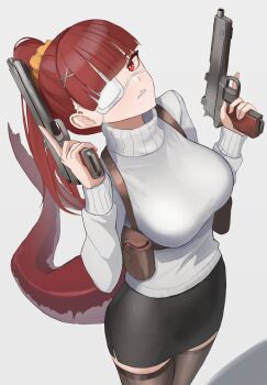 1girl absurdres black_skirt blunt_bangs breasts brown_thighhighs commentary cowboy_shot dual_wielding english_commentary eyepatch fingernails fins fish_tail from_above gun hair_ornament handgun highres holding holster klottinen large_breasts long_sleeves looking_up medical_eyepatch open_mouth orange_scrunchie original pencil_skirt red_eyes red_hair red_tail scrunchie shark_girl shark_tail sharp_teeth shoulder_holster simple_background skirt solo steyr_m1912 sweater tail teeth thighhighs turtleneck turtleneck_sweater weapon white_background white_sweater x_hair_ornament zettai_ryouiki