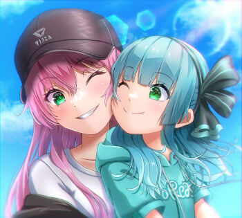 2girls ;) ;d aikawa_megumi aqua_hair aqua_hoodie asaba_touka baseball_cap black_hairband black_hat blue_sky blunt_bangs blush bow close-up closed_mouth commentary_request day eyelashes floating_hair green_eyes grin hair_between_eyes hairband half_updo happy hat head_tilt heads_together heaven_burns_red highres hood hood_down hoodie hug jacket long_hair looking_at_another multiple_girls one_eye_closed open_mouth outdoors pink_hair ribbon rumi_(heaven_burns_red) shirt sky smile split_mouth sunlight upper_body white_shirt