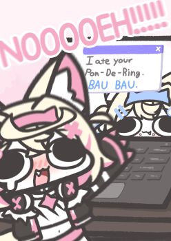 2girls absurdres chibi computer english_text fuwawa_abyssgard highres holoadvent hololive hololive_english laptop mococo_abyssgard multiple_girls screaming siblings sisters twins virtual_youtuber