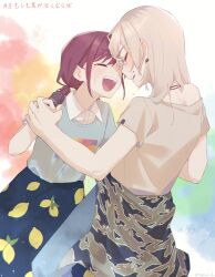 Rule 34 | 2girls, absurdres, black skirt, blue shirt, blush, camouflage, camouflage jacket, clothes around waist, collared shirt, commentary, crying, earclip, girls band cry, grey shirt, hashtag-only commentary, highres, holding hands, iseri nina, jacket, jacket around waist, jewelry, kawaragi momoka, lemon print, light brown hair, long hair, multicolored background, multiple girls, necklace, print shirt, red hair, shirt, short sleeves, short twintails, single off shoulder, skirt, smile, tears, translation request, twintails, westlee ar, white shirt, yuri