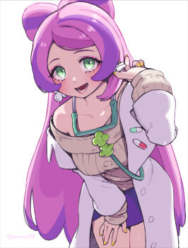 1girl bare_shoulders blue_skirt blush bow-shaped_hair breasts brown_sweater coat collarbone earrings eyeliner green_eyes jewelry lab_coat large_breasts leaning_forward long_hair long_sleeves looking_at_viewer makeup miriam_(pokemon) nintendo off-shoulder_sweater off_shoulder omaru_gyuunyuu open_mouth pencil_skirt pink_eyeliner pokemon pokemon_sv skirt smile solo sweater swept_bangs white_coat