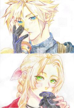 1boy 1girl absurdres aerith_gainsborough armor bangle black_choker black_gloves blonde_hair blue_eyes blue_shirt bracelet braid braided_ponytail brown_hair choker cloud_strife colored_pencil_(medium) commentary_request couple final_fantasy final_fantasy_vii final_fantasy_vii_remake gloves green_eyes gyokumey hair_ribbon hand_on_another&#039;s_cheek hand_on_another&#039;s_face hetero highres holding_hands jacket jewelry light_blush long_hair looking_at_viewer parted_bangs pauldrons pink_ribbon red_jacket ribbon shirt short_hair shoulder_armor sidelocks single_bare_shoulder single_braid single_pauldron suspenders traditional_media watermark white_background