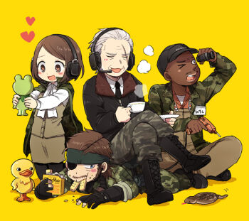 1girl 3boys 50yen_(gojiue) arm_up bandana baseball_cap big_boss binoculars bird black_boots black_eyes black_gloves black_hat black_legwear black_necktie blue_eyes blush boots brown_eyes brown_hair brown_pants brown_skirt buttons camouflage camouflage_pants closed_eyes collared_shirt crossed_legs cup dark_skin drill duck eating eyepatch facial_hair food food_in_mouth food_on_face frog full_body gloves hat headband headset heart heart-shaped_pupils holding holding_cup holding_food indian_style jacket kneeling lace-up_boots long_sleeves lying major_zero metal_gear_(series) metal_gear_solid metal_gear_solid_3:_snake_eater motion_lines mouth_hold multiple_boys mustache naked_snake necktie on_back one_eye_closed open_mouth pants para-medic_(mgs3) partially_fingerless_gloves pencil_skirt saucer scar scar_across_eye scar_on_face shadow shirt shoes short_hair sigint simple_background sitting sitting_on_person skirt sleeveless sleeves_rolled_up smile smoke standing swept_bangs symbol-shaped_pupils tea teacup tsuchinoko uniform very_dark_skin white_hair white_shirt yellow_background zipper zipper_pull_tab