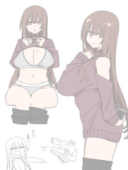 breasts brown_eyes brown_hair cellphone clothes_lift durindana_7 grey_sports_bra grey_sports_panties highres large_breasts long_hair original phone purple_sweater rina_(durindana_7) shirt_lift smartphone sports_bra sweater tagme throwing
