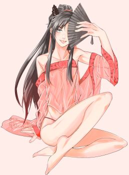 1boy :p alternate_costume androgynous bare_legs bare_shoulders barefoot black_hair blush chinese_clothes collarbone commentary_request crossdressing crossdressing_(mtf) detached_sleeves folding_fan full_body grey_eyes hair_ornament hair_ribbon hand_fan hand_up holding holding_fan long_hair looking_at_viewer male_focus modao_zushi navel one_eye_covered panties pectorals ponytail red_panties red_ribbon red_shirt ribbon see-through_clothes see-through_shirt shirt sidelocks simple_background sitting smile solo sunmoon9994 tongue tongue_out trap twitter_username underwear wei_wuxian wide_sleeves