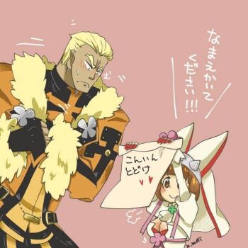 Rule 34 | 1boy, 1girl, blonde hair, blush, breasts, bridal veil, brown eyes, brown hair, cleavage, clover, coat, cosplay, dark skin, dress, earrings, elphelt valentine, elphelt valentine (cosplay), fingerless gloves, four-leaf clover, gamagoori ira, gloves, guilty gear, guilty gear xrd, height difference, inada tetsu, jewelry, kill la kill, leo whitefang, leo whitefang (cosplay), mankanshoku mako, ribbon, voice actor connection, short hair, smile, suzaki aya, translation request, veil, wedding dress, white dress
