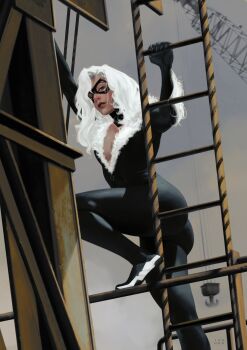 1girl absurdres arms_up black_bodysuit black_cat_(marvel) black_mask bodysuit breasts claws cleavage climbing climbing_ladder dima_ivanov domino_mask dynamic_pose eye_mask from_below fur_trim highres knee_up looking_at_viewer marvel mask outstretched_leg spider-man_(series) superhero_costume white_fur white_hair zipper_pull_tab