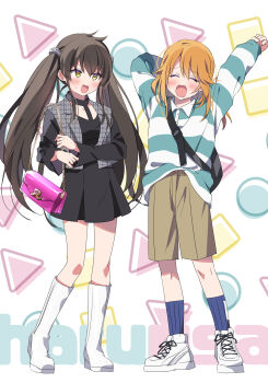2girls absurdres ahoge alternate_costume aqua_shirt arms_up bag baggy_clothes black_bag black_hair black_shirt black_skirt blue_socks blush boots brown_shorts cargo_shorts chain character_name child circle clenched_hands collared_shirt collared_vest commentary_request dot_nose english_text fingernails full_body grey_vest halter_shirt halterneck highres idolmaster idolmaster_cinderella_girls knee_boots long_hair long_sleeves matoba_risa multicolored_clothes multicolored_shirt multiple_girls open_clothes open_mouth open_vest orange_hair pink_bag riku_(melty_drop) shapes shirt shoes shorts shoulder_bag sidelocks skirt smile sneakers socks square standing straight_hair stretching striped_clothes striped_shirt sweatdrop swept_bangs tears teeth triangle twintails two-tone_shirt upper_teeth_only very_long_hair vest white_footwear white_shirt white_shoes yawning yellow_eyes yuuki_haru