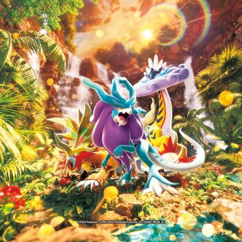 3d 5ban_graphics animal_focus blue_eyes claws cloud colored_sclera company_name copyright_name copyright_notice gouging_fire lens_flare light_particles long_neck nature nintendo no_humans official_art open_mouth outdoors palm_tree pokemon pokemon_(creature) pokemon_focus pokemon_tcg purple_eyes raging_bolt red_eyes sky third-party_source tree walking_wake yellow_sclera
