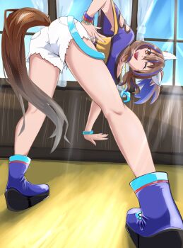 1girl animal_ears ass blue_boots blue_hair blue_shirt blue_streaks boots bracelet brown_hair brown_tail chia_ikaruga colored_inner_hair commentary_request daitaku_helios_(fun_fun_party_night)_(umamusume) daitaku_helios_(umamusume) ear_covers from_behind full_body hand_on_own_hip highres horse_ears horse_girl horse_tail indoors jewelry long_hair looking_at_viewer looking_back mark_under_both_eyes midriff_peek multicolored_hair one_eye_closed open_mouth partial_commentary shirt short_shorts shorts side_ponytail smile solo streaked_hair sunlight tail thighs umamusume white_shorts window yellow_eyes