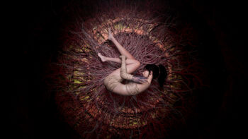 1girl 3d abstract_background absurdres arm_tattoo bandages bare_legs barefoot black_background black_hair chiaroscuro circle commentary dark_background english_commentary fetal_position from_above highres lying official_art on_back plant plant_roots ponytail sarashi solo surreal tattoo vines wuchang:_fallen_feathers