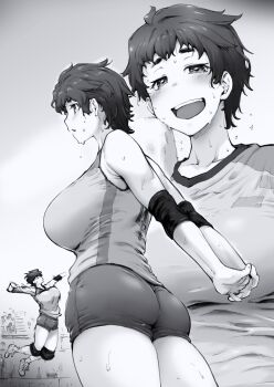 1girl ass blush breasts female_focus huge_breasts jumping looking_at_viewer looking_back medium_hair monochrome open_mouth original playing_sports seura_isago solo solo_focus sports_uniform sweat