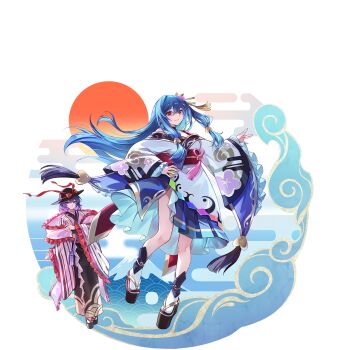 2girls adapted_costume alternate_costume bag black_hat black_skirt blue_hair bow closed_mouth egasumi floral_print food-themed_hair_ornament frilled_shawl frilled_sleeves frills full_body game_cg hair_ornament hand_on_own_hip hat hat_bow heart heart_hair_ornament highres hinanawi_tenshi japanese_clothes kimono long_hair long_sleeves looking_at_viewer multiple_girls nagae_iku non-web_source obi obijime off_shoulder official_art peach_hair_ornament pink_kimono pink_shawl platform_sandals print_kimono purple_bag purple_hair rainbow_order red_bow red_eyes red_sash sandals sash second-party_source shawl shoulder_bag skirt smile socks solo_focus sun tabi touhou touhou_gensou_eclipse transparent_background u_u_zan very_long_hair white_kimono white_socks wide_sleeves