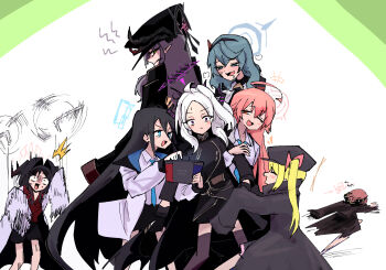 +++ 6+girls :d ahoge ako_(blue_archive) aris_(blue_archive) aru_(blue_archive) black_coat black_gloves black_jacket black_shorts black_thighhighs blonde_hair blue_archive blue_eyes blue_hair blue_halo blue_necktie blush bonjiri_uma_tarou coat coat_on_shoulders commentary_request demon_horns demon_wings dowsing_rod drooling from_behind gloves halo hand_on_another's_arm handheld_game_console highres hina_(blue_archive) horns hoshino_(blue_archive) ibuki_(blue_archive) jacket kasumi_(blue_archive) long_coat long_hair low_wings makoto_(blue_archive) medium_hair mouth_drool multiple_girls necktie one_eye_closed one_side_up open_mouth pink_hair purple_halo red_shirt running shaded_face shirt shorts sleeves_past_fingers sleeves_past_wrists smear_frame smile sweatdrop thighhighs two-sided_fabric two-sided_jacket white_background white_coat white_hair white_jacket white_shirt wings