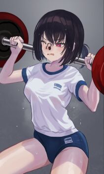 1girl black_hair buruma character_request commentary_request copyright_request dripping exercising grey_background gym_uniform highres medium_hair nose_clip one_eye_closed open_mouth pink_eyes ponytail raftetram short_ponytail simple_background solo steam steaming_body sweat thighs weightlifting weights