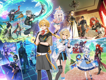 6+boys 6+girls absurdres aether_(genshin_impact) ajaw_(genshin_impact) alhaitham_(genshin_impact) alternate_costume alternate_hairstyle amaichi_esora animal_ear_headphones animal_ears apron basket black_hair black_hoodie black_mask black_pants black_robe black_shirt black_umbrella blonde_hair blue_dress blue_eyes book braid broom broom_riding cellphone crown cyno_(genshin_impact) diluc_(genshin_impact) diluc_(parallels_meet)_(genshin_impact) dress enmaided eyewear_on_head fake_animal_ears flins_(genshin_impact) flins_(parallels_meet)_(genshin_impact) flower fox_boy fox_ears furina_(genshin_impact) furina_(parallels_meet)_(genshin_impact) genshin_impact gentilhomme_usher glasses grin gun hair_flower hair_ornament halo handgun hat headphones headset highres holding holding_basket holding_book holding_broom holding_gun holding_phone holding_quill holding_staff holding_weapon holographic_interface hood hoodie hoyofair hu_tao_(genshin_impact) jacket kaveh_(genshin_impact) keqing_(genshin_impact) kinich_(genshin_impact) kinich_(parallels_meet)_(genshin_impact) long_hair looking_at_viewer lumine_(genshin_impact) lumine_(parallels_meet)_(genshin_impact) mademoiselle_crabaletta mage_staff magic maid maid_apron maid_headdress mona_(genshin_impact) mona_(parallels_meet)_(genshin_impact) multiple_boys multiple_girls navia_(genshin_impact) nilou_(genshin_impact) official_art open_mouth paimon_(genshin_impact) pants phone ponytail quill red_dress red_hair revolver robe shirt short_hair short_hair_with_long_locks smartphone smile staff surintendante_chevalmarin textless_version tighnari_(genshin_impact) twin_braids twintails umbrella very_long_hair watch weapon white_jacket white_shirt witch_hat wriothesley_(genshin_impact) wristwatch x_hair_ornament yellow_eyes yumemizuki_mizuki yumemizuki_mizuki_(parallels_meet)