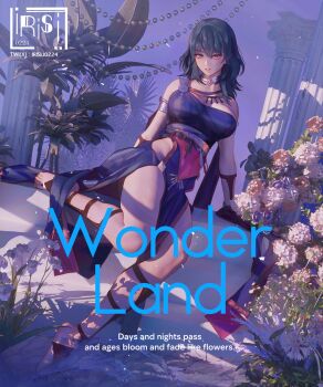 1girl alternate_costume ancient_greek_clothes armlet black_dress blue_eyes blue_hair blush bracelet breasts choker choker_jewel cleavage column dancer dancer_(fire_emblem:_three_houses) dress english_text female_byleth_(fire_emblem) fire_emblem fire_emblem:_three_houses flower gem gladiator_sandals greco-roman_clothes hair_between_eyes highres irisli0224 jewelry large_breasts long_hair looking_at_viewer medium_hair nintendo parted_lips pelvic_curtain pillar sandals single-shoulder_dress single_strap solo