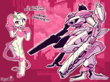 1boy 2023 absurdres animal_ears armored_core artist_name city cosplay crossover english_text eyelashes furry furry_male gloves green_eyes gun heart highres looking_at_viewer mecha mecha_pilot_suit mouse_(animal) mouse_ears mouse_tail neon_genesis_evangelion open_mouth pink_background plugsuit_(evangelion) rat_boy reggie_(whygena) robot smile solo standing standing_on_one_leg tail trap weapon white_fur white_hair whygena