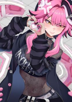 Rule 34 | 1girl, absurdres, alternate costume, anger vein, animal ear fluff, animal ear piercing, animal ears, bandaid on tail, belt, beret, black belt, black bodystocking, black collar, black hair, black jacket, black nails, black shirt, black streaks, blush, breasts, brown nails, cat ears, cat girl, cat tail, chain, chattino (raora panthera), cleavage, closed mouth, collar, commentary, covered navel, fish hair ornament, floral print, goth fashion, gradient nails, hair ornament, hairpin, hat, heart, heart hands, highres, hololive, hololive english, jacket, jewelry, large breasts, long hair, long sleeves, looking at viewer, looking to the side, medium hair, multicolored hair, multicolored nails, na nu 017, nail polish, navel, outdoors, pink hair, puffy sleeves, raora panthera, ring, rose print, shirt, sidelocks, solo, spiked collar, spikes, streaked hair, symbol-only commentary, tail, virtual youtuber, white hair, white streaks, x hair ornament, yellow eyes