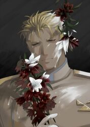 Rule 34 | 1boy, black background, blonde hair, closed eyes, closed mouth, coat, crying, facing viewer, flower, flower request, highres, holding, holding flower, kray foresight, male focus, messy hair, paint on body, promare, red flower, short hair, solo, sumi wo hakuneko, upper body, white coat, white flower, white paint