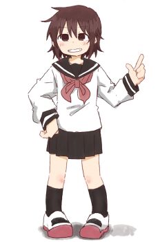 1girl black_sailor_collar black_skirt black_socks brown_eyes brown_hair collarbone female_focus flat_chest full_body grin hand_on_own_hip hand_up happy highres kneehighs kude_rei_(ponnu_(tnpn2yw)) long_sleeves matching_hair/eyes miniskirt neckerchief original pigeon-toed pleated_skirt ponnu_(tnpn2yw) red_neckerchief red_shoes sailor_collar school_uniform serafuku shirt shoes short_hair simple_background skirt smile socks solo standing teeth white_background white_shirt