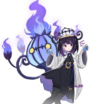 1girl :&lt; belt belt_buckle black_dress black_hair blue_gloves blush bob_cut buckle chandelure claw_pose closed_mouth coat dress e_gyo gen_5_pokemon gloves gradient_hair gwynn_(pokemon) hat highres long_sleeves looking_at_viewer multicolored_hair nintendo o-ring o-ring_belt open_clothes open_coat pantyhose partially_fingerless_gloves pokemon pokemon_(creature) pokemon_legends:_z-a purple_eyes purple_hair short_hair white_background white_coat wide_sleeves