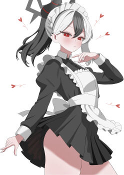 1girl absurdres alternate_costume apron back_bow black_dress black_hair blue_archive blush bow collar commentary demon_horns dress earclip enmaided expressionless grey_halo halo heart highres horns kayoko_(blue_archive) long_sleeves maid maid_apron maid_headdress mopi_(oooo5412) multicolored_hair pleated_dress red_eyes simple_background solo thighs white_background white_bow white_collar white_hair white_wrist_cuffs wrist_cuffs